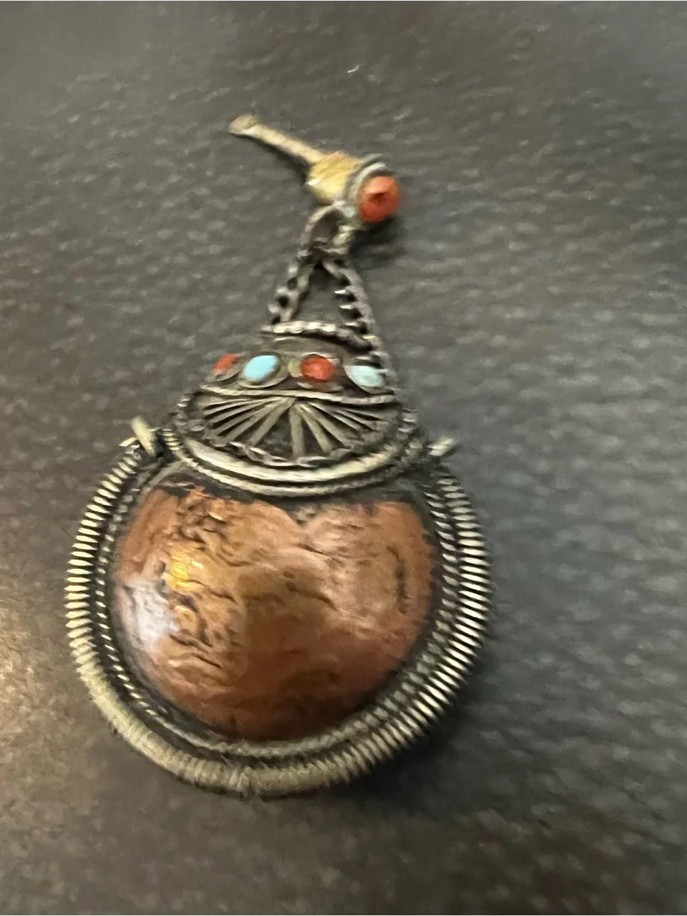 Handcrafted Copper and Silver Pendant with Turquoise and Coral Accents